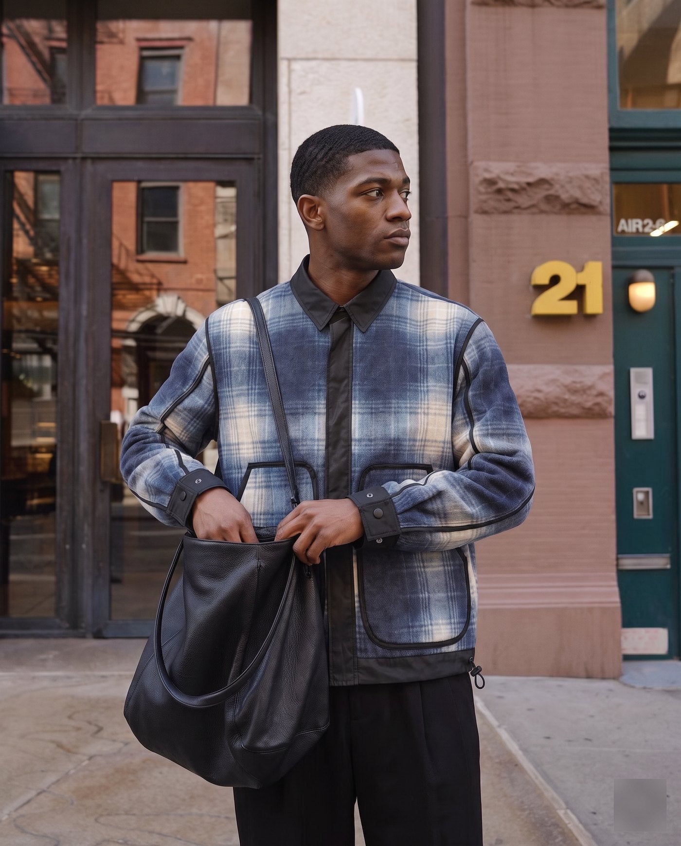 Annex plaid overshirt styled on a city street