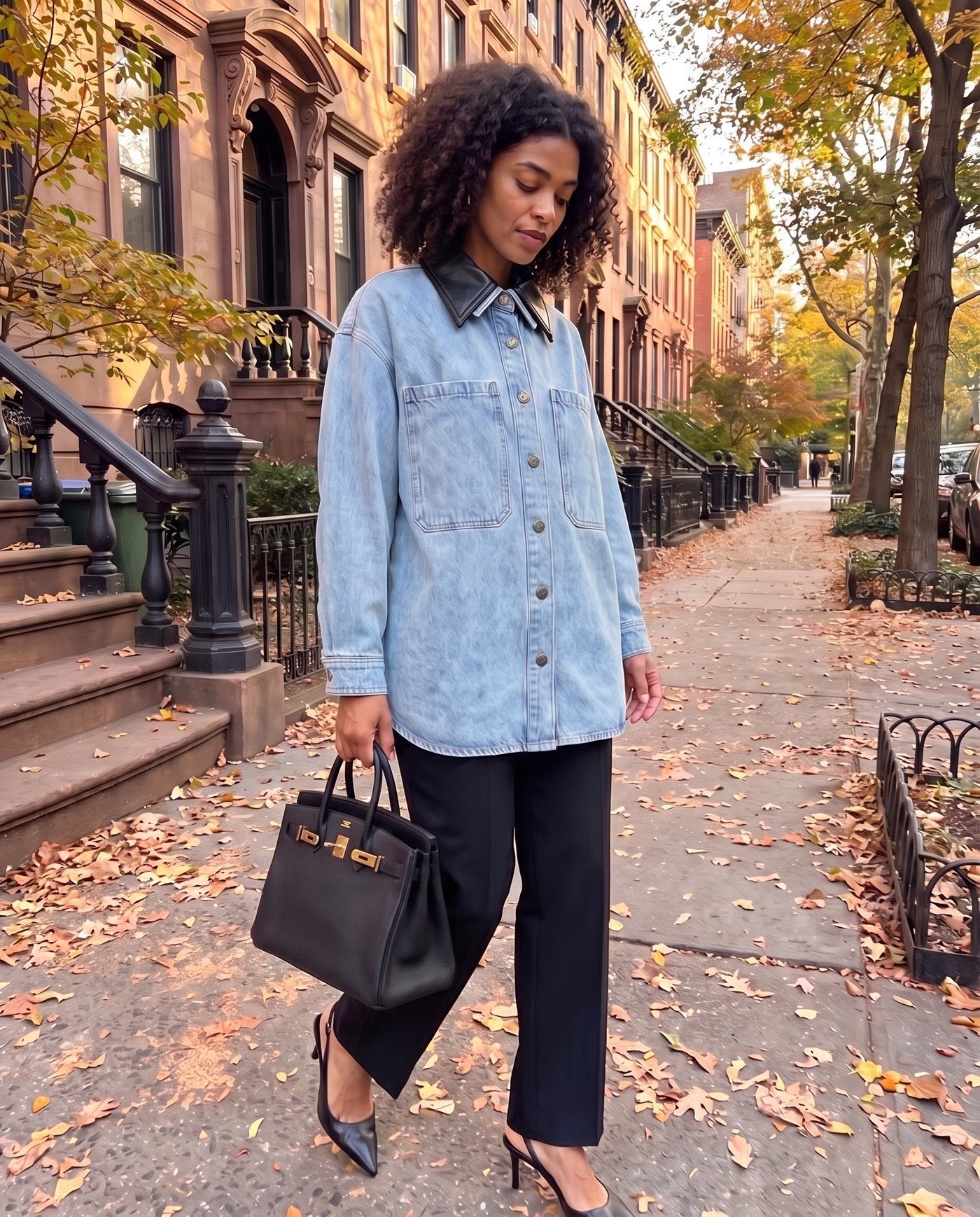 Dawson leather-collar denim shirt styled on a sidewalk