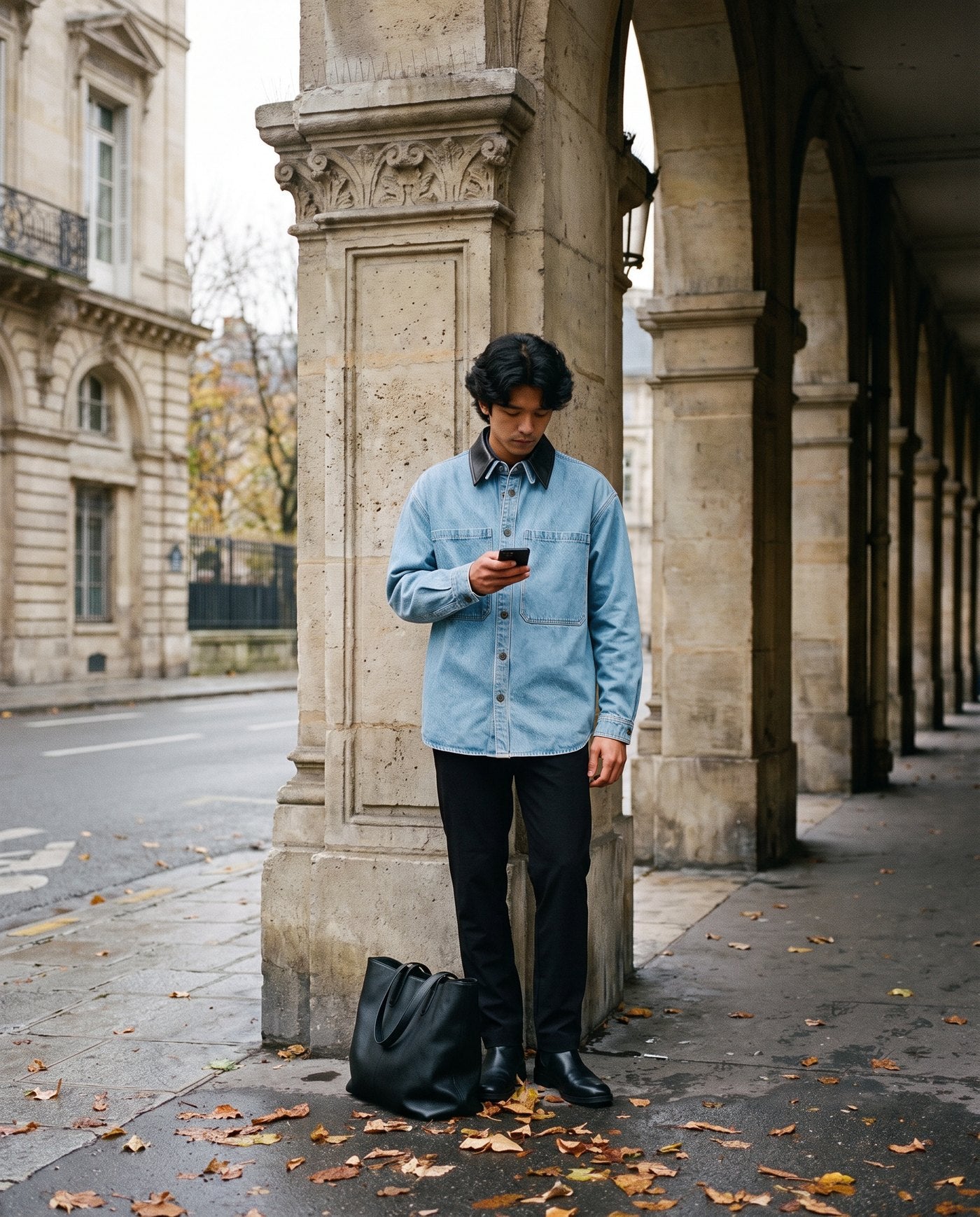 Dawson leather-collar denim shirt on a city street
