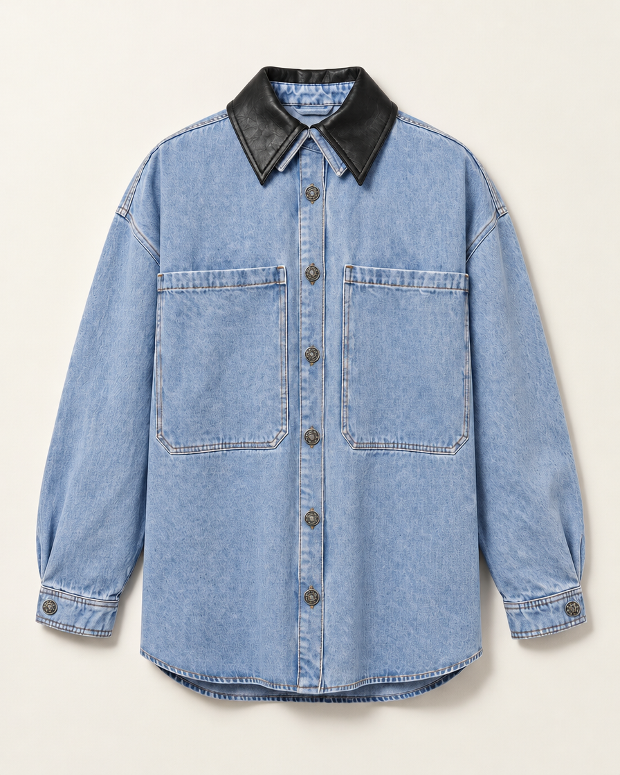 Dawson Leather-Collar Denim Shirt — Washed Blue