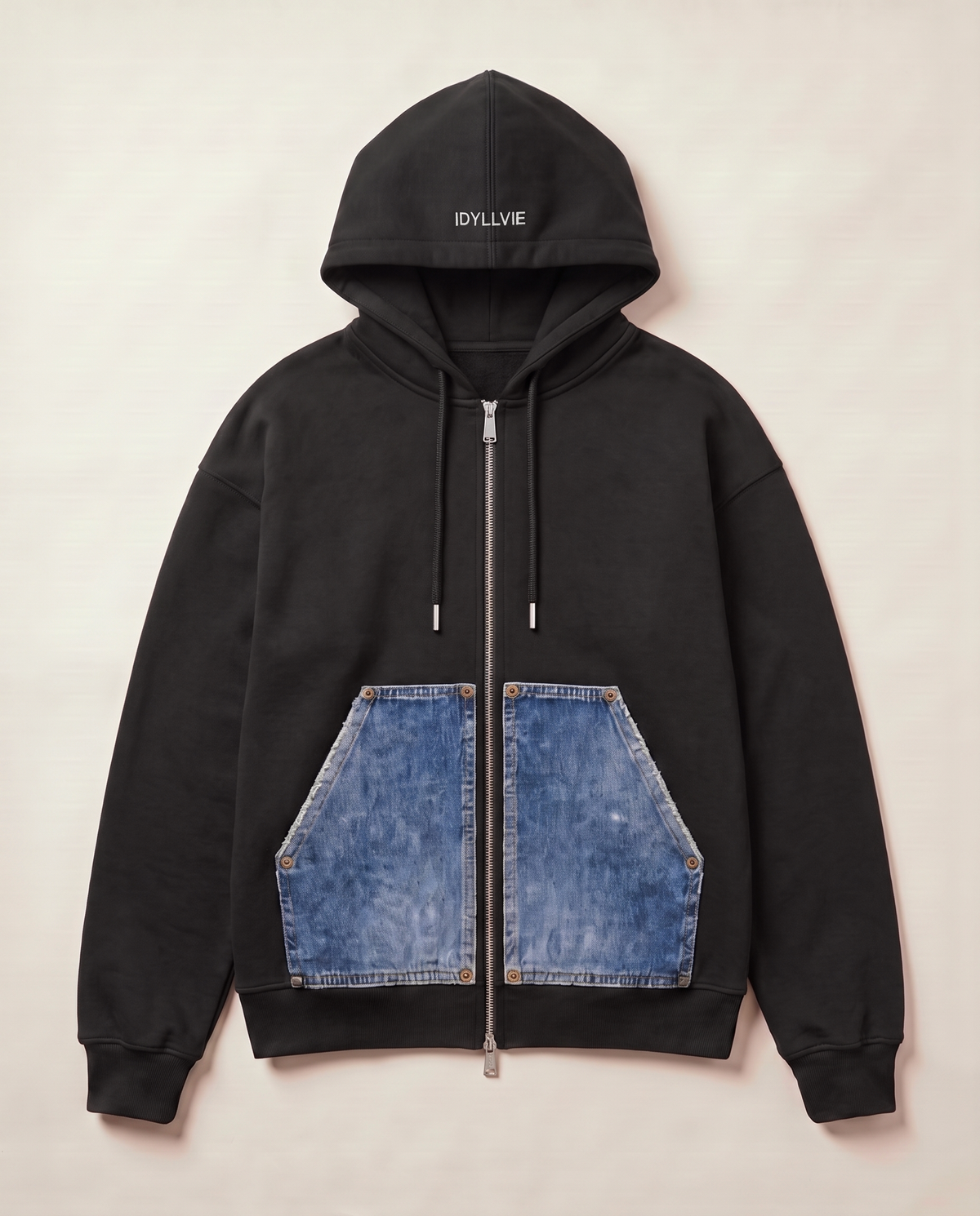 Camden Denim Pocket Zip Hoodie — Black flat lay front