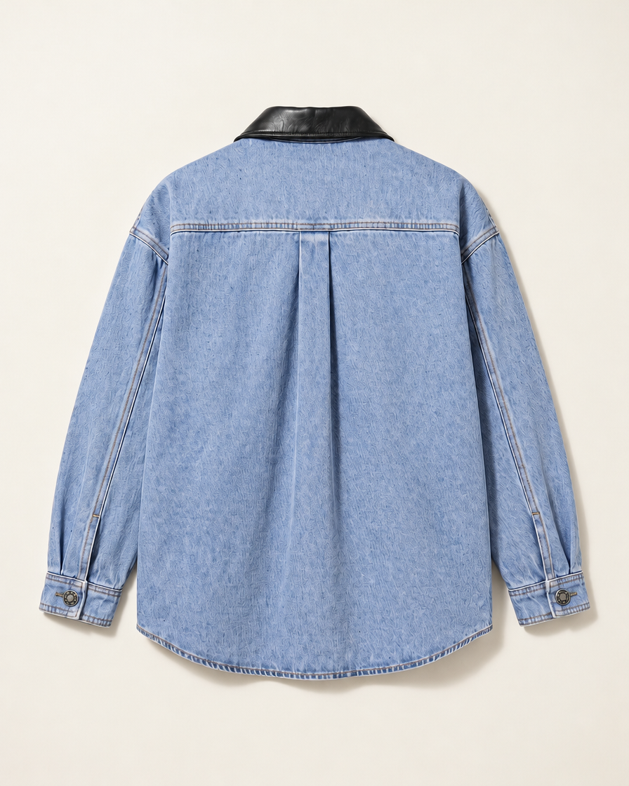 Dawson Leather-Collar Denim Shirt — Washed Blue flat lay back
