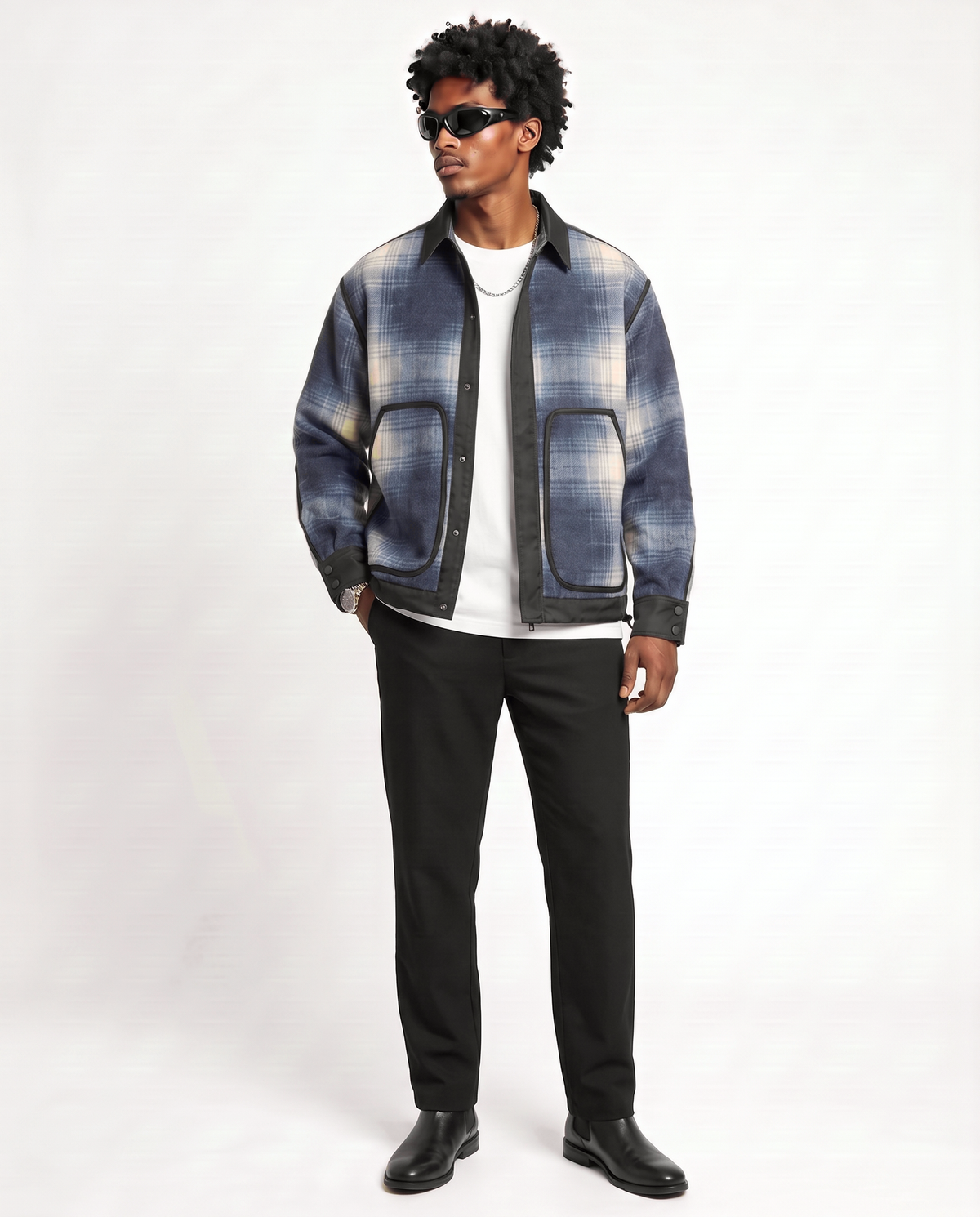 Annex Plaid Overshirt — Blue on-model front open