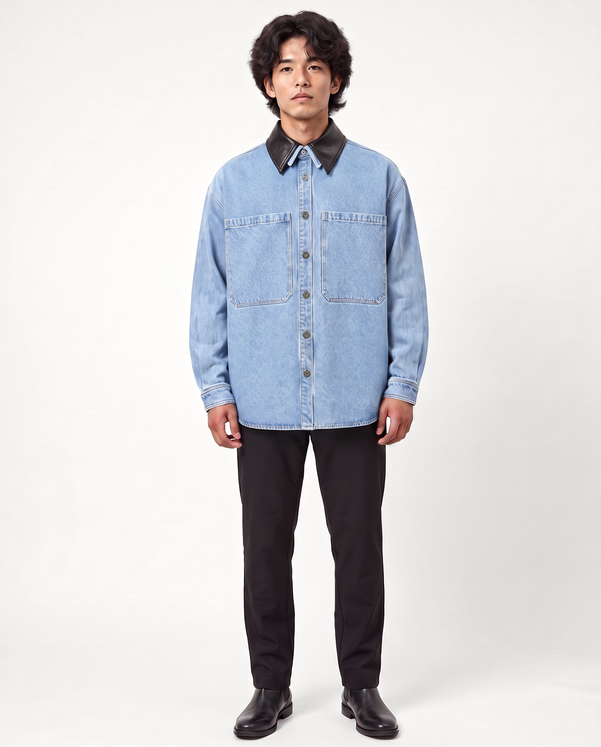Dawson Leather-Collar Denim Shirt — Washed Blue on-model male front
