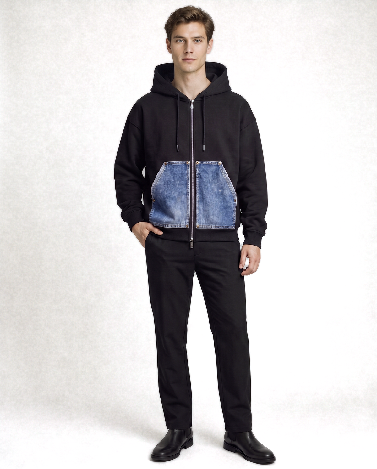 Camden Denim Pocket Zip Hoodie — Black on-model male front