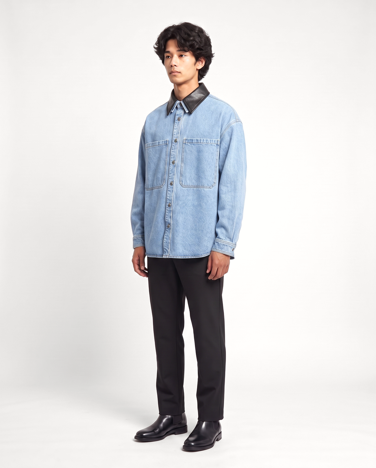 Dawson Leather-Collar Denim Shirt — Washed Blue on-model male three-quarter