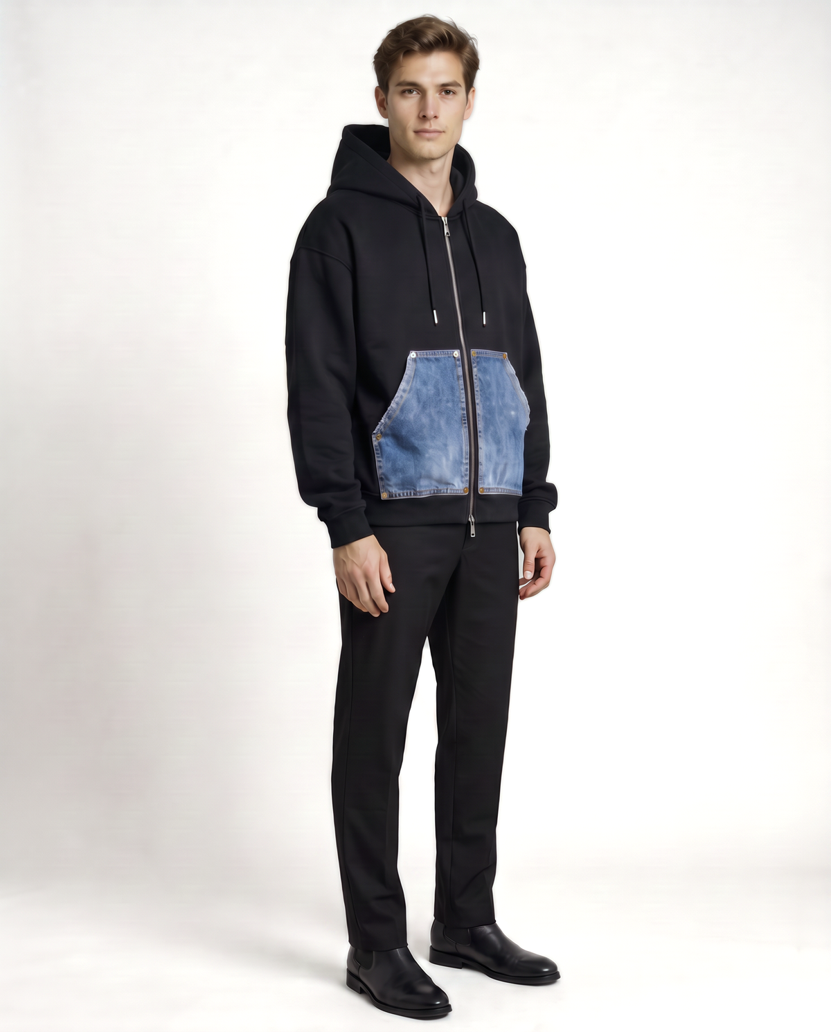 Camden Denim Pocket Zip Hoodie — Black on-model male three-quarter