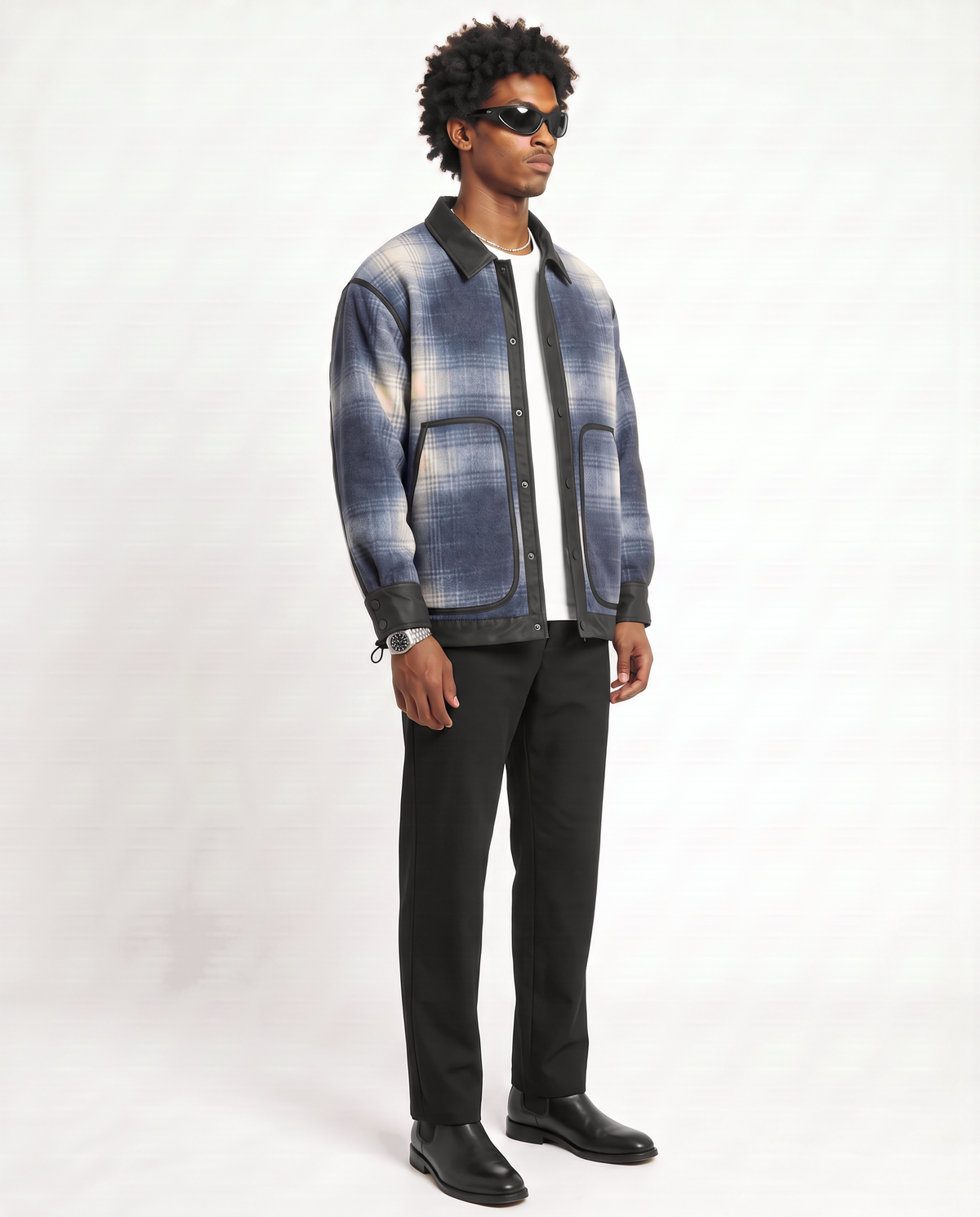 Annex Plaid Overshirt — Blue on-model three-quarter open