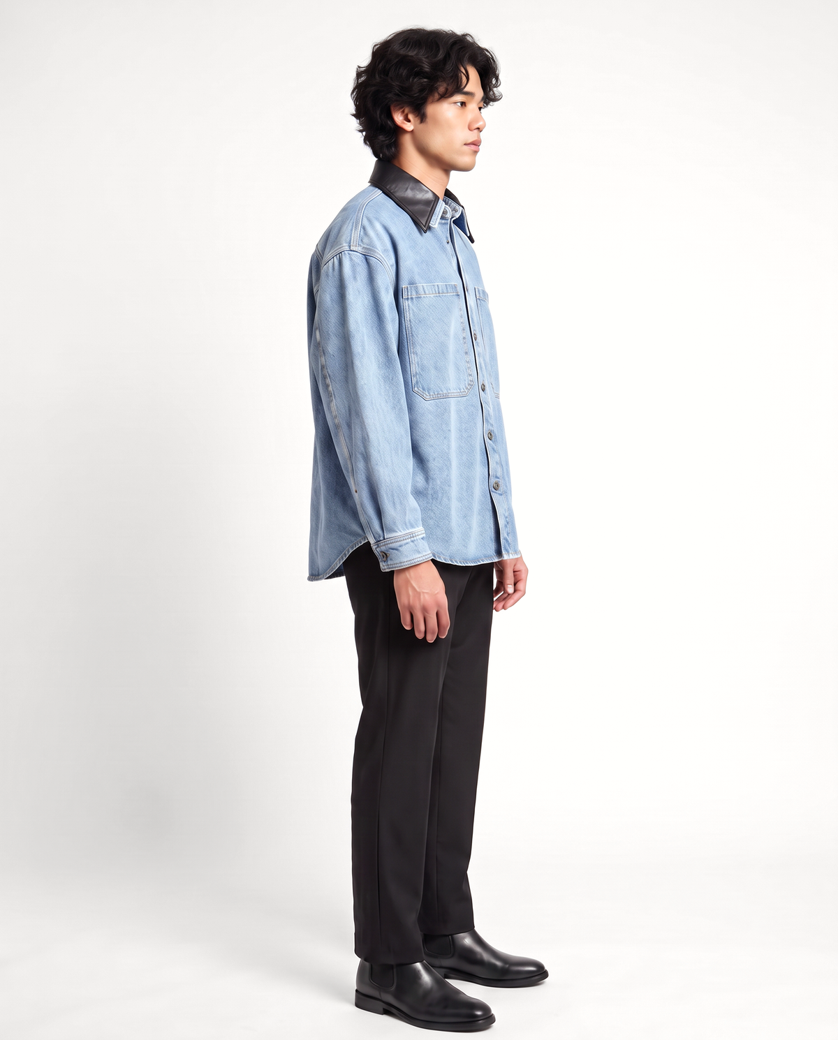 Dawson Leather-Collar Denim Shirt — Washed Blue on-model male side