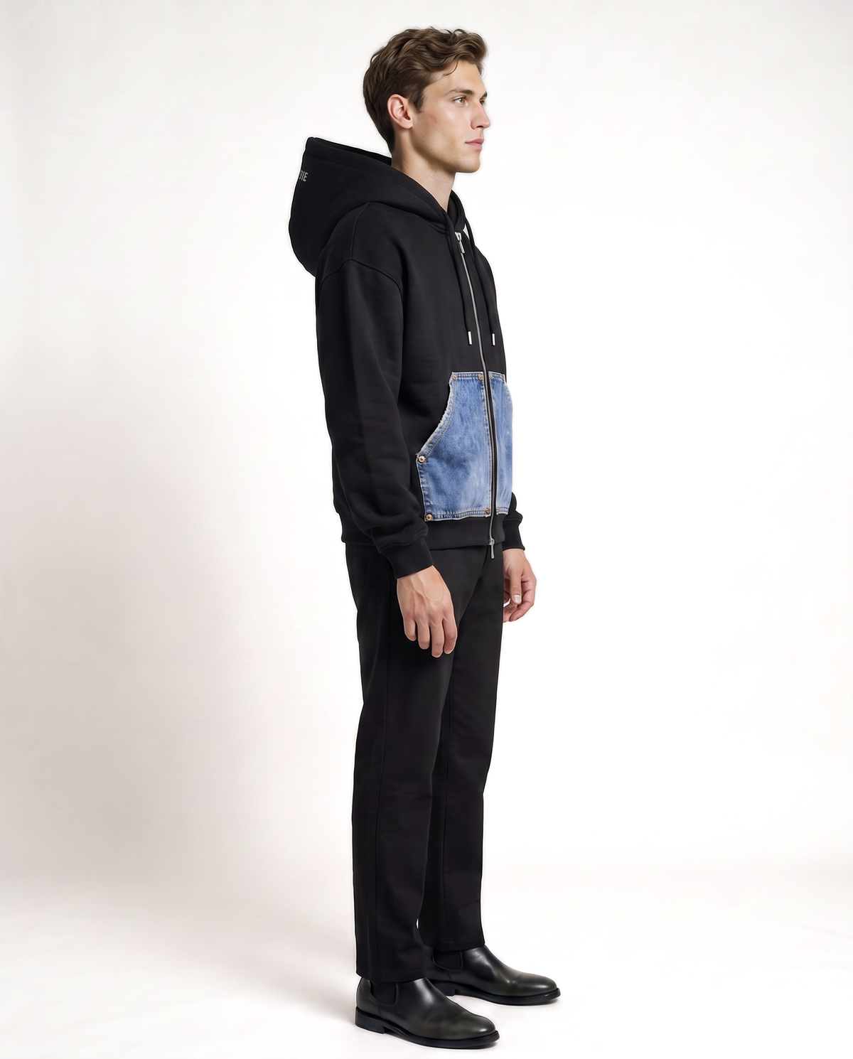 Camden Denim Pocket Zip Hoodie — Black on-model male side