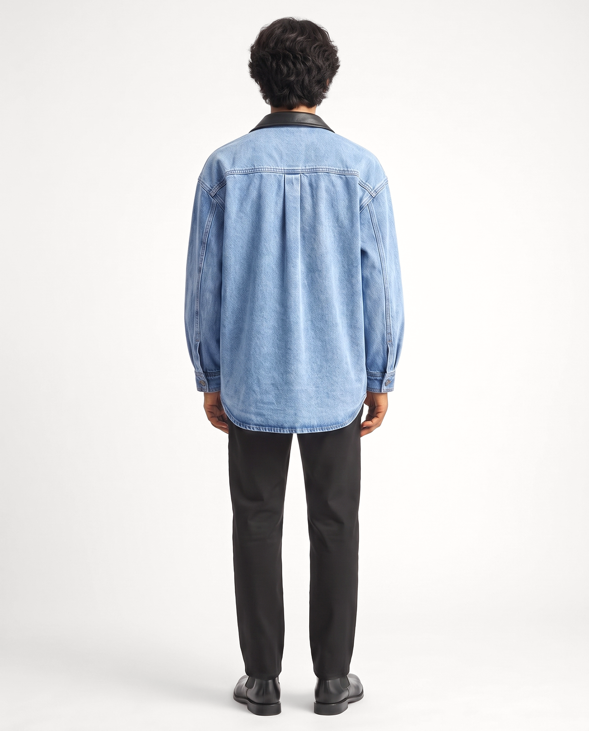 Dawson Leather-Collar Denim Shirt — Washed Blue on-model male back