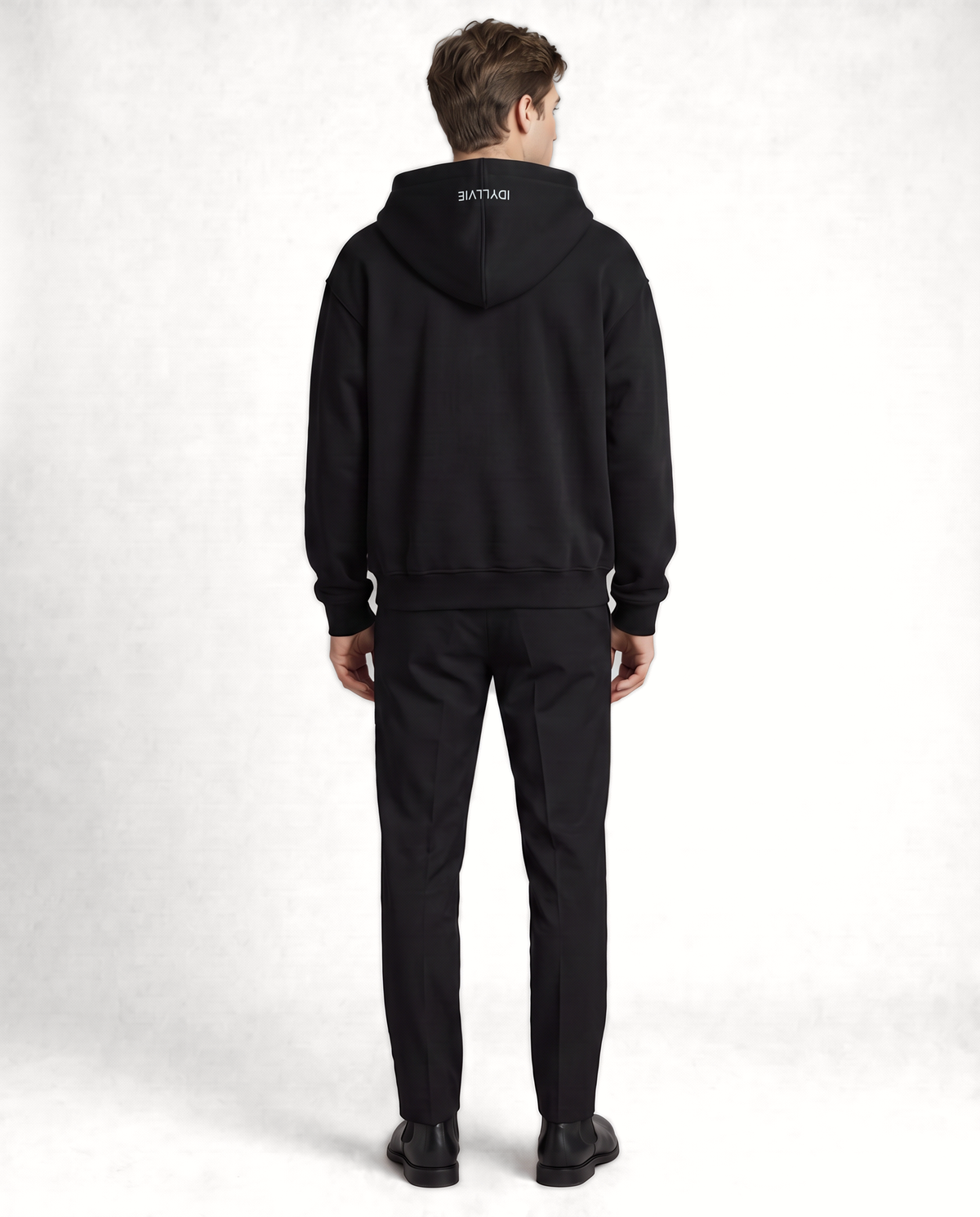 Camden Denim Pocket Zip Hoodie — Black on-model male back