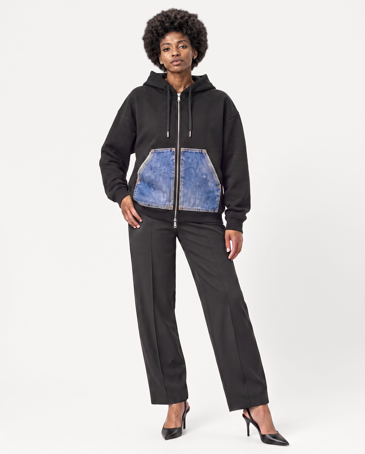 Camden Denim Pocket Zip Hoodie — Black on-model woman front