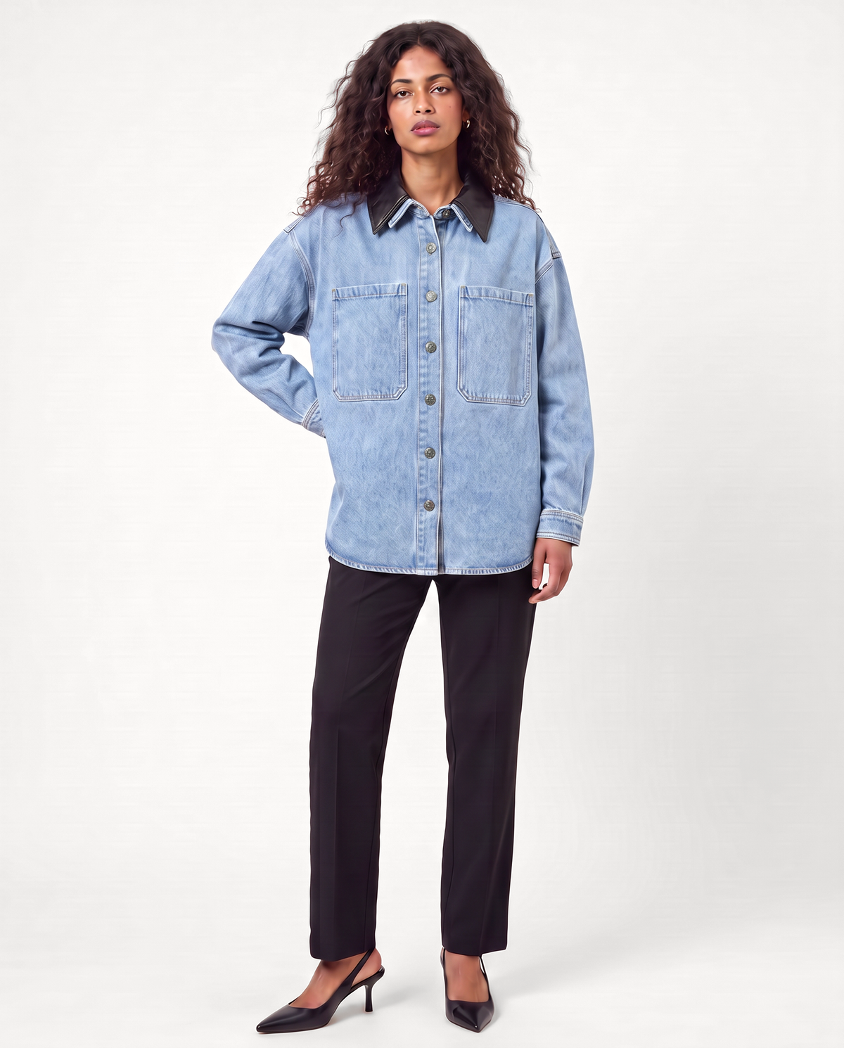 Dawson Leather-Collar Denim Shirt — Washed Blue on-model woman front