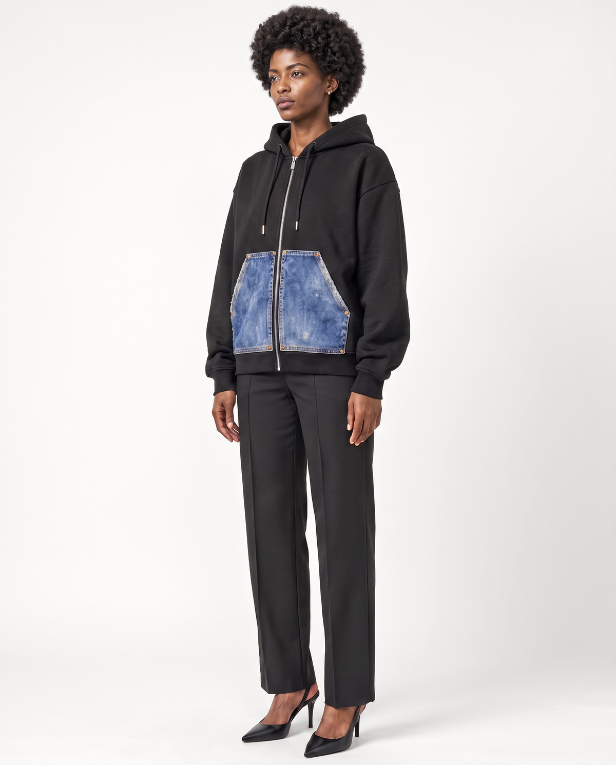 Camden Denim Pocket Zip Hoodie — Black on-model woman three-quarter