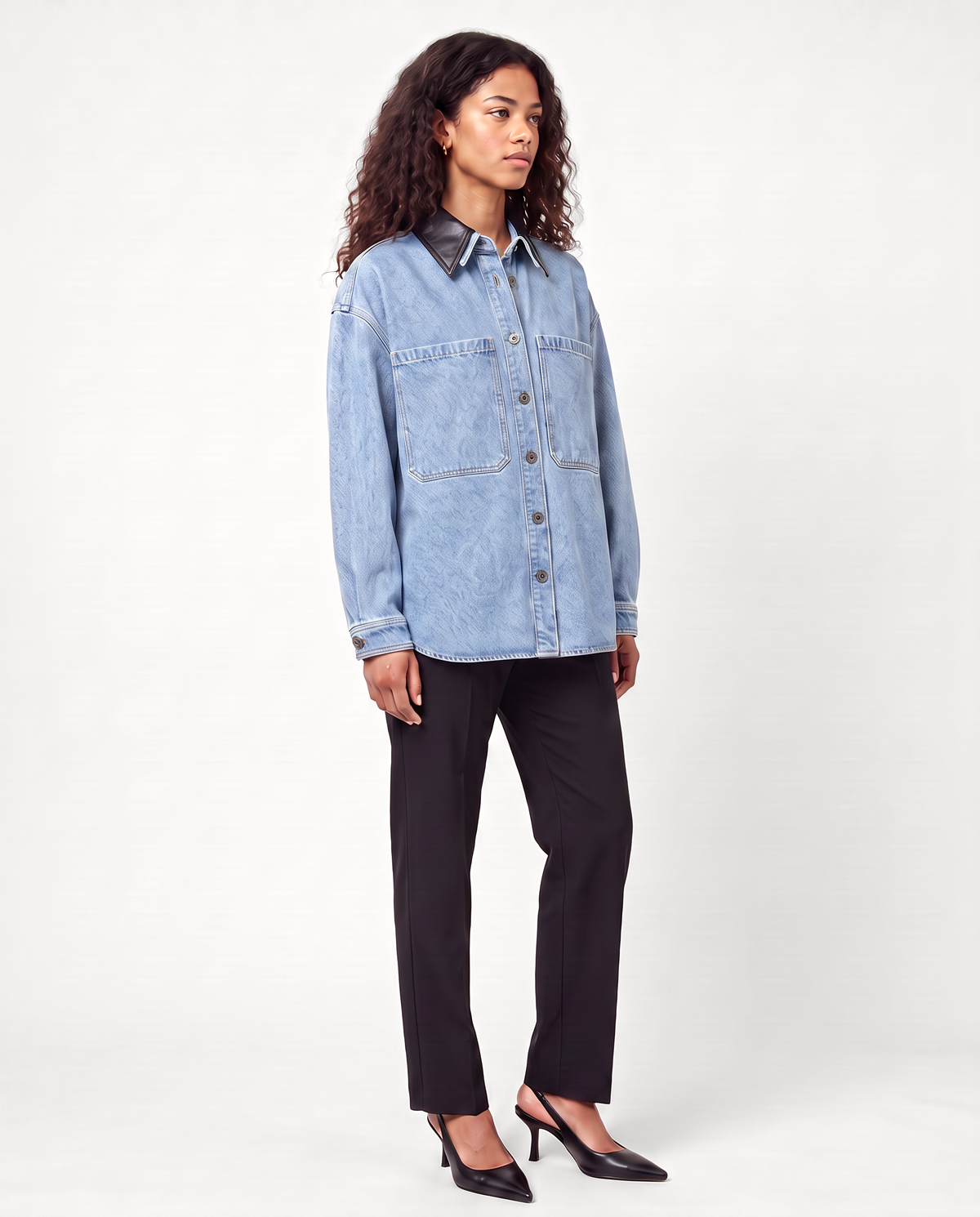 Dawson Leather-Collar Denim Shirt — Washed Blue on-model woman three-quarter
