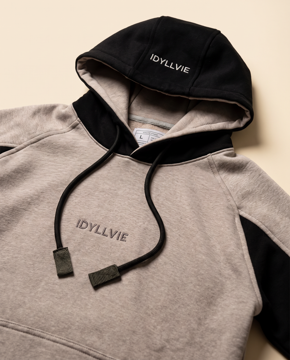 Hutton Cotton & Merino Panelled Hoodie — hood embroidery detail