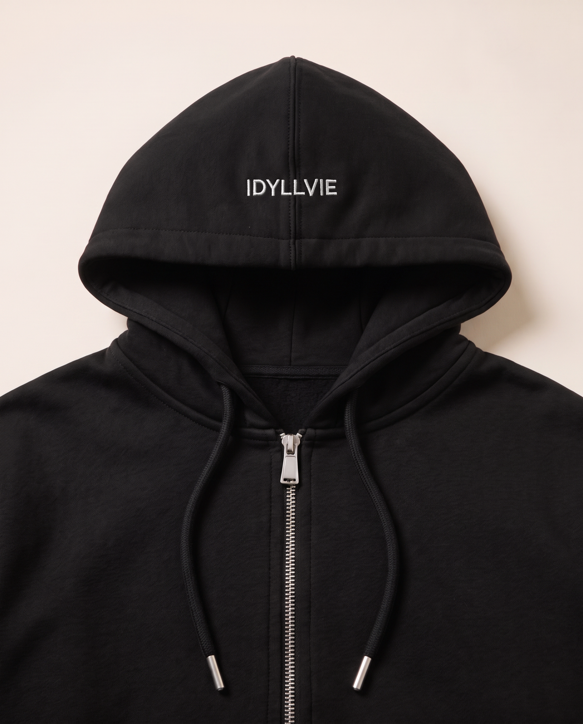 Camden Denim Pocket Zip Hoodie — Black hood and zipper close-up