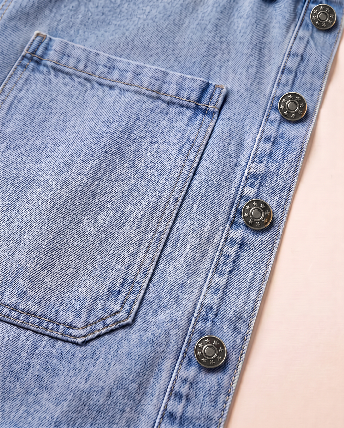 Dawson Leather-Collar Denim Shirt — Washed Blue pocket and muted-silver snap close-up