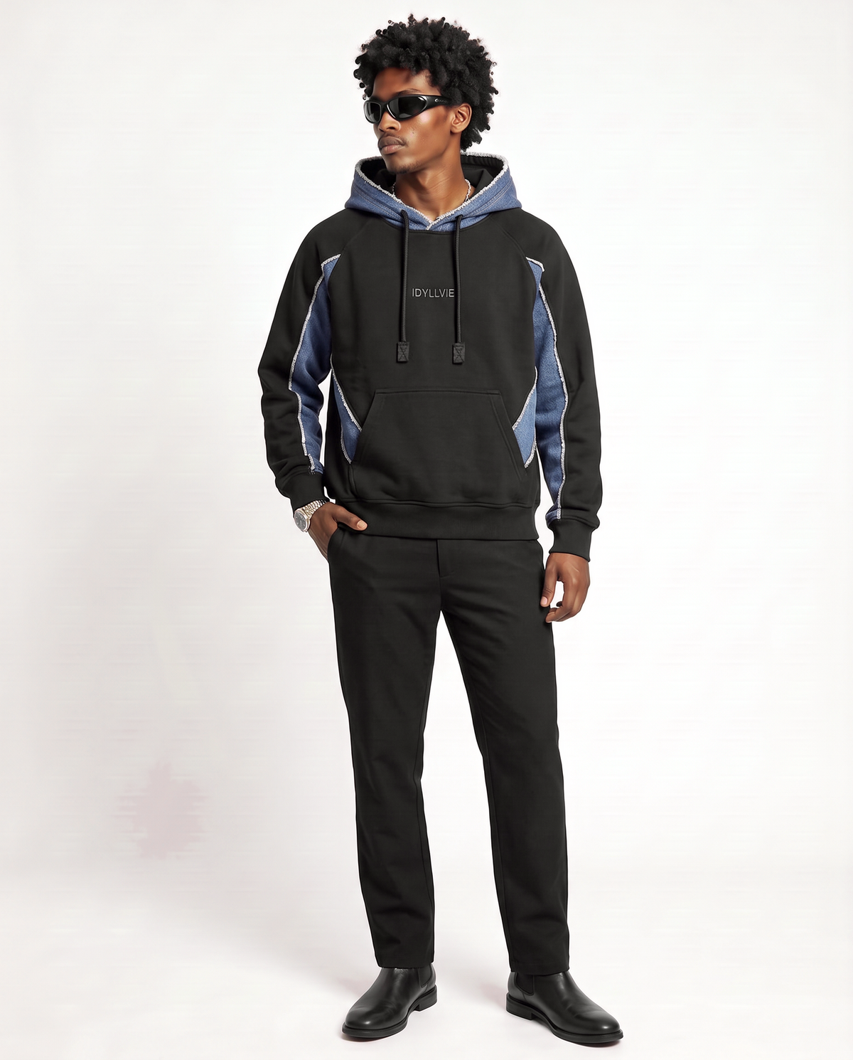 Hutton Denim Panelled Hoodie — male model front