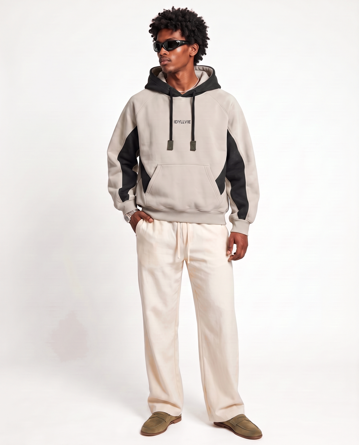 Hutton Cotton & Merino Panelled Hoodie — male model front (updated October 2026)
