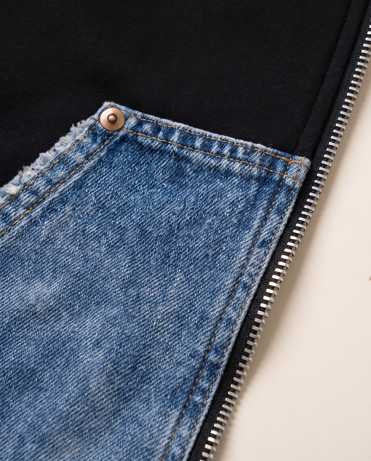 Camden Denim Pocket Zip Hoodie — Black denim pocket close-up