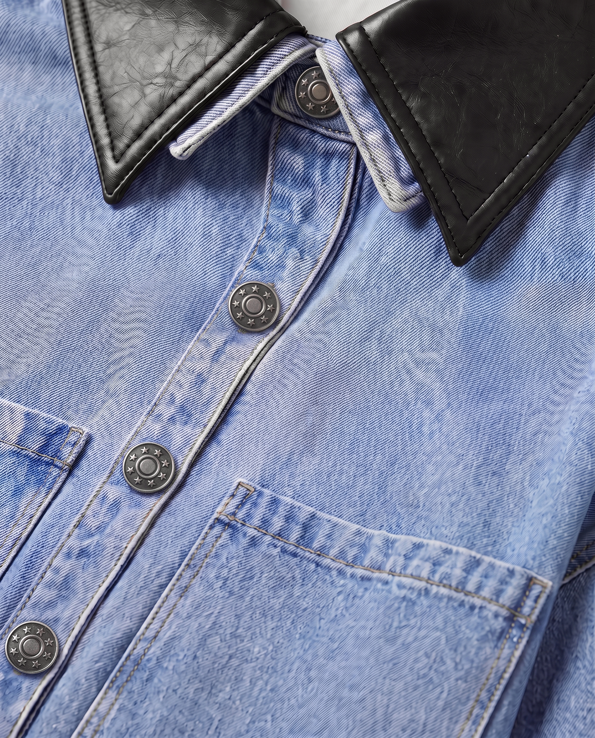 Dawson Leather-Collar Denim Shirt — Washed Blue layered collar close-up