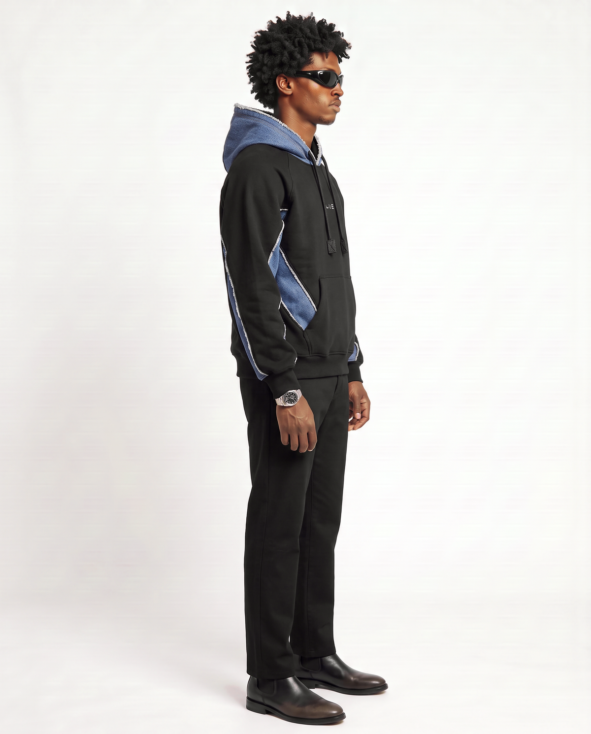 Hutton Denim Panelled Hoodie — male model side