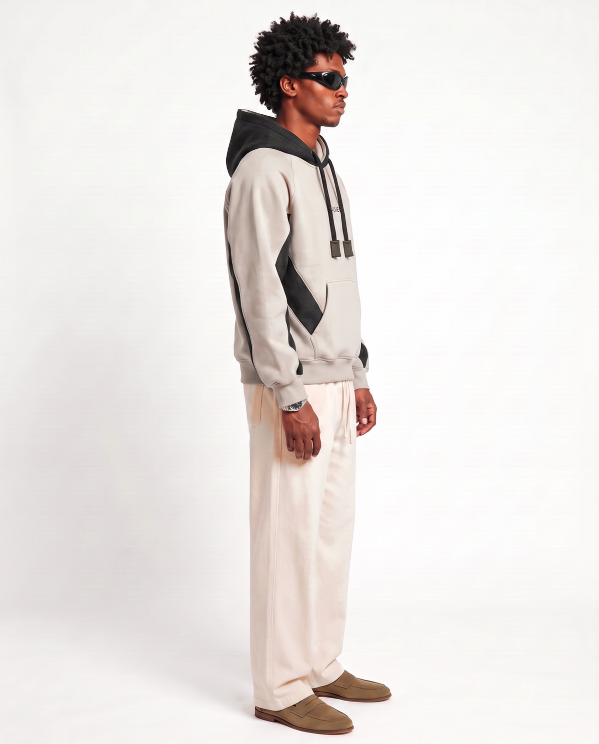Hutton Cotton & Merino Panelled Hoodie — male model side (updated October 2026)
