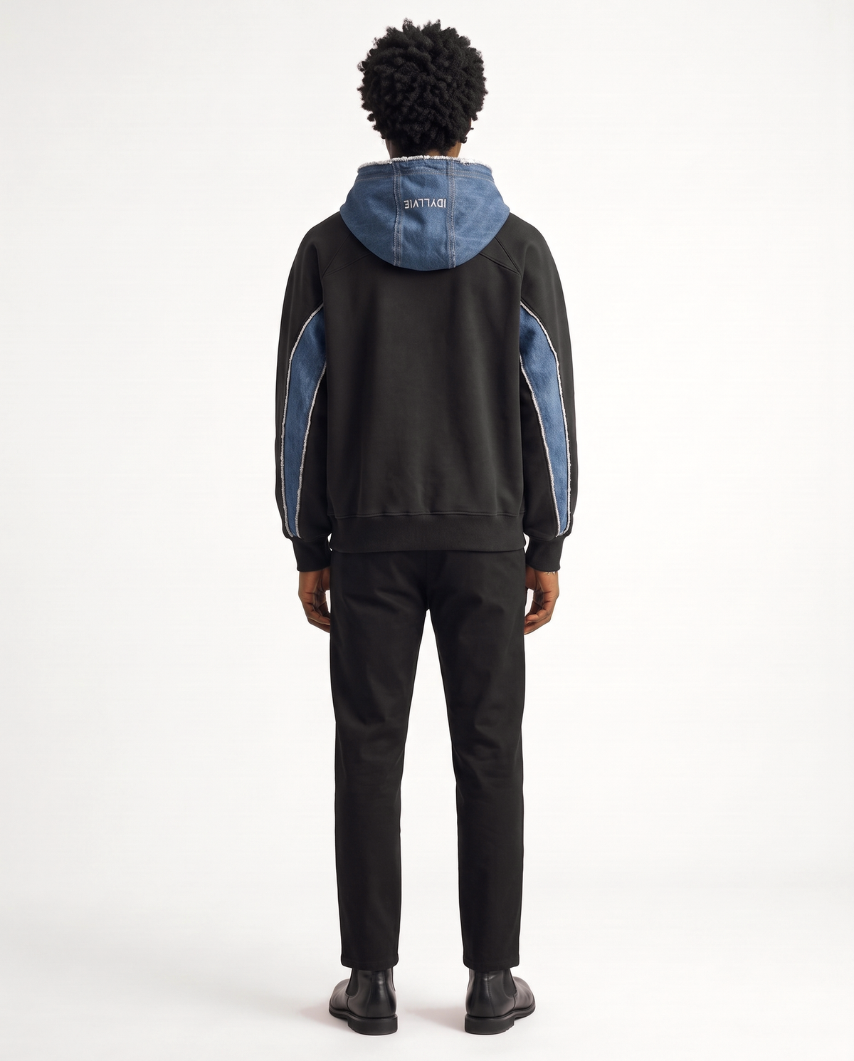 Hutton Denim Panelled Hoodie — male model back