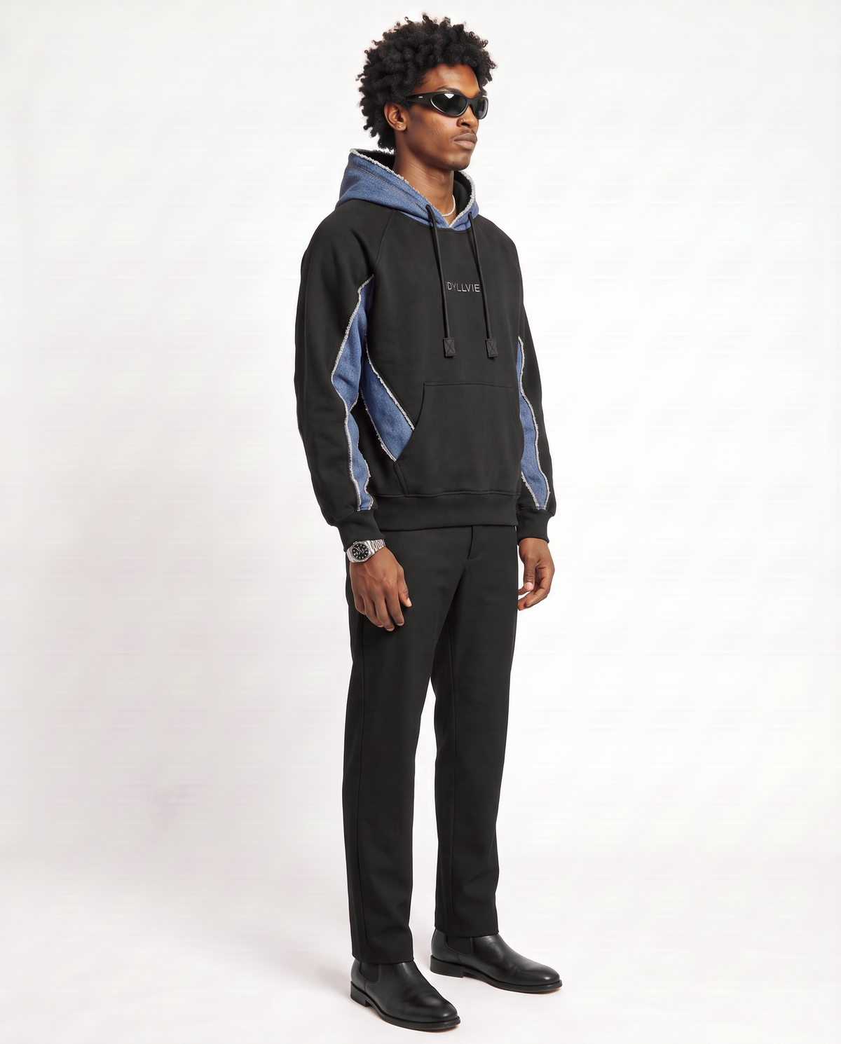 Hutton Denim Panelled Hoodie — male model three-quarter