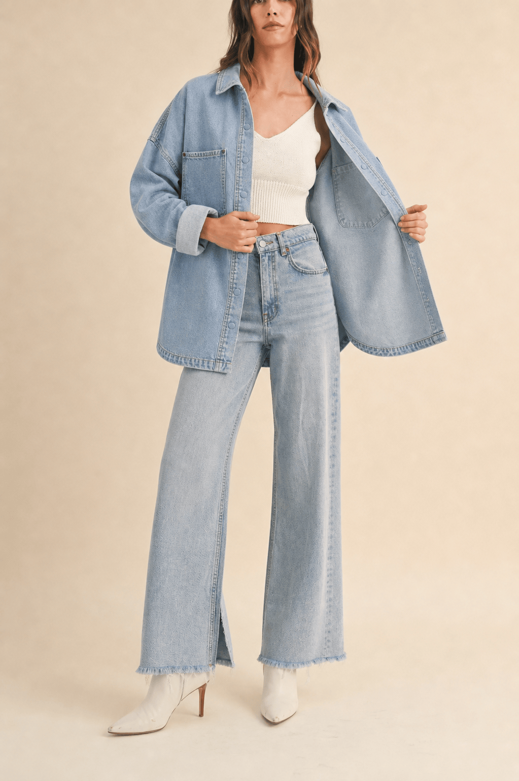 IdyllVie Washed Snap Button Denim Shacket