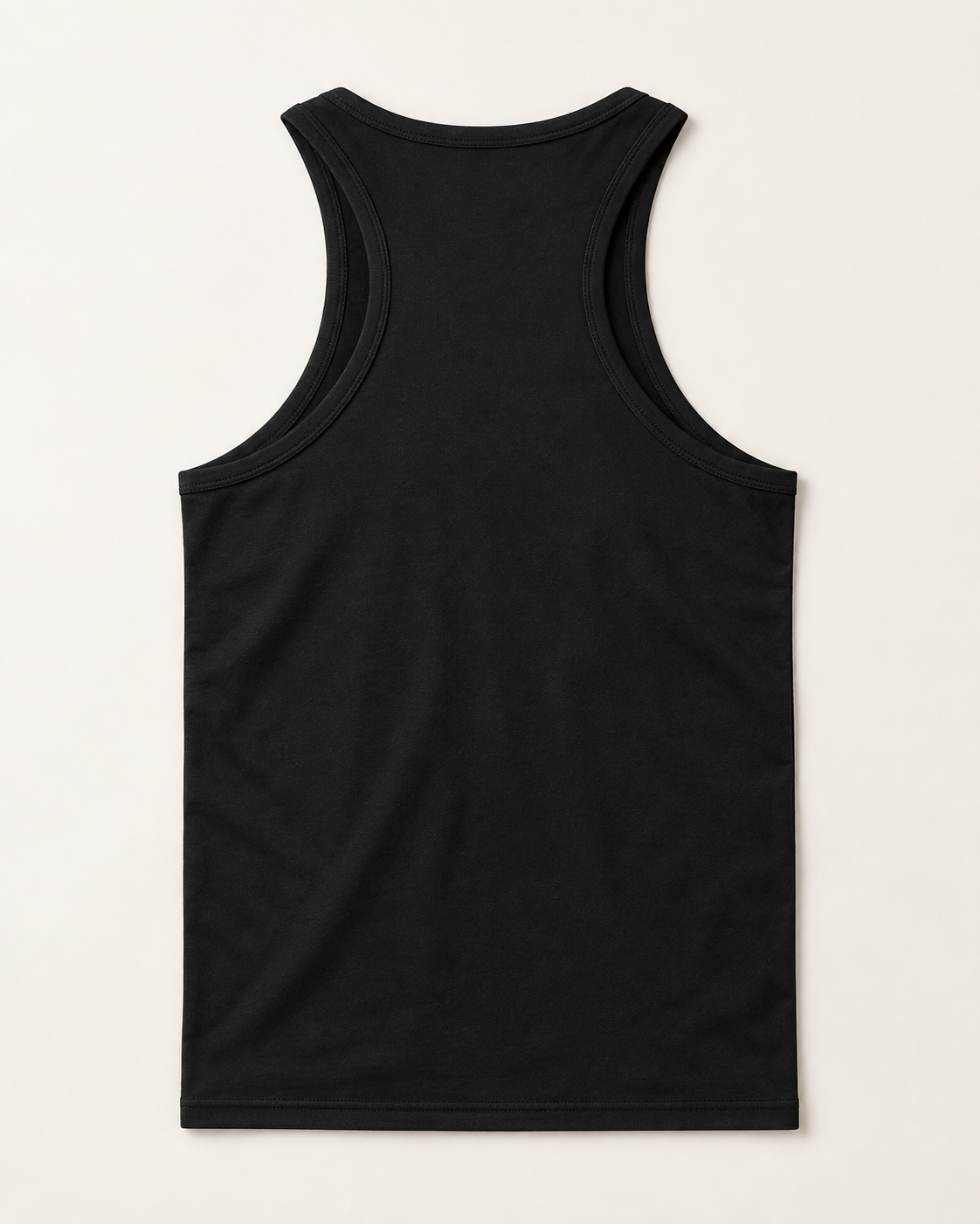 Black cotton-stretch racerback tank, flat lay back view.