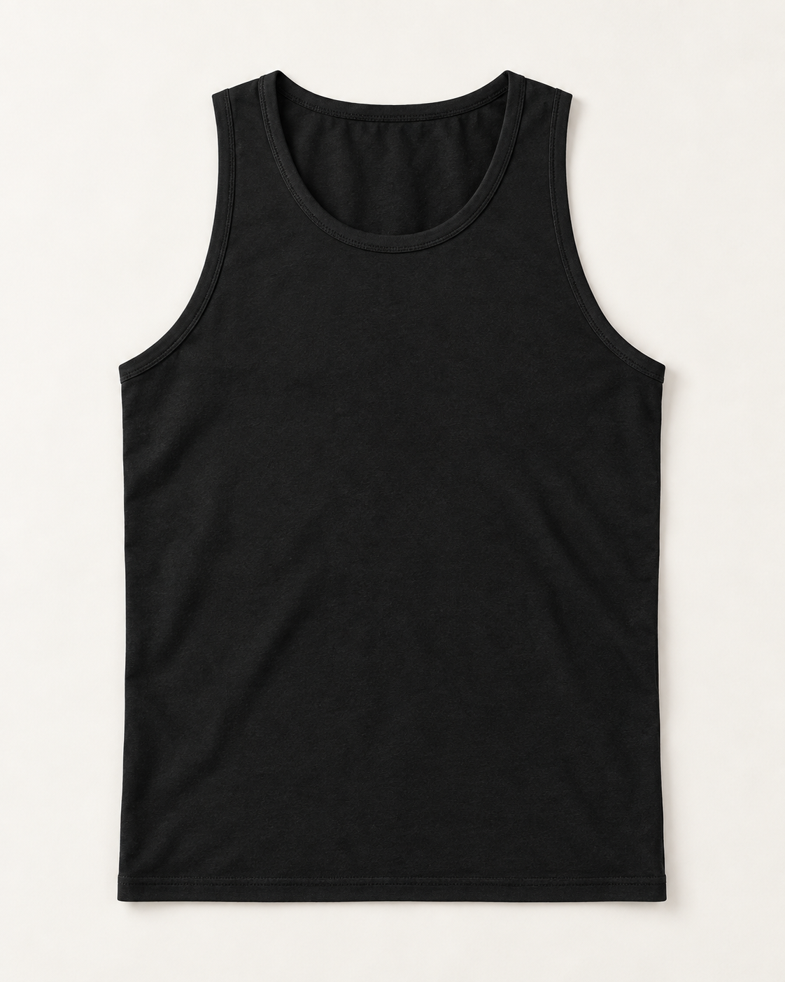 Black cotton-stretch racerback tank, flat lay front view.