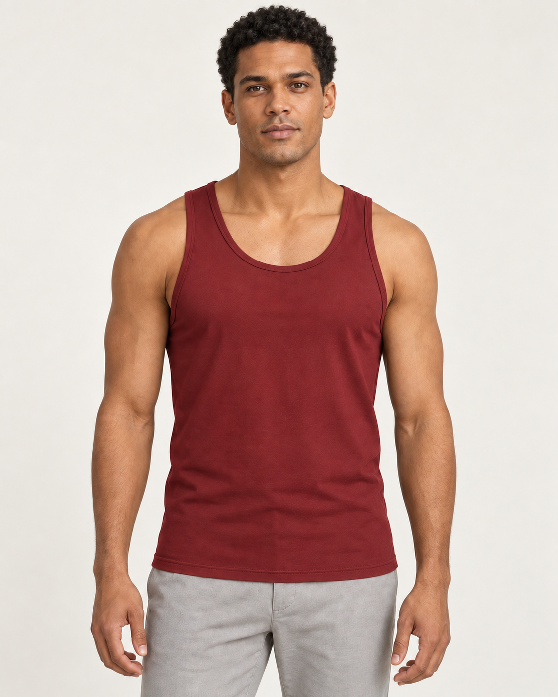 Burgundy cotton-stretch racerback tank, on-model front view.