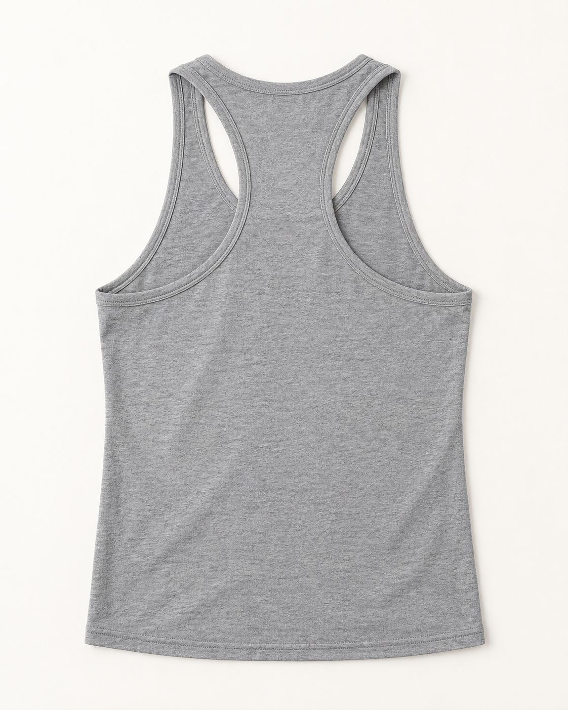 Heather grey cotton-stretch racerback tank, flat lay back view.