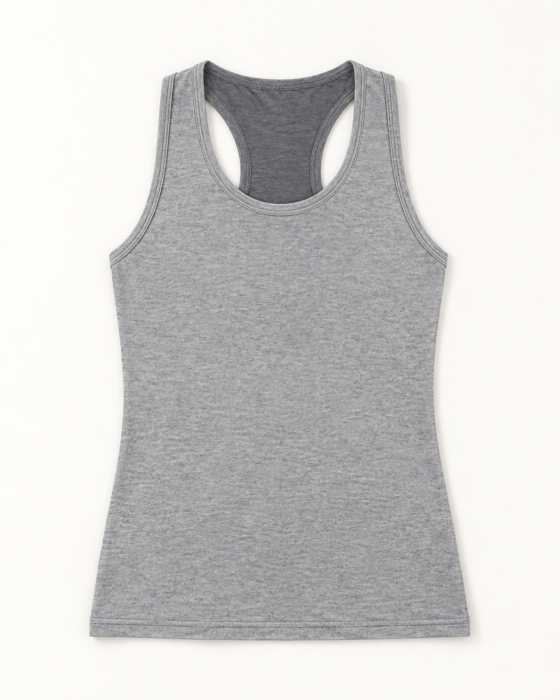 Heather grey cotton-stretch racerback tank, flat lay front view.