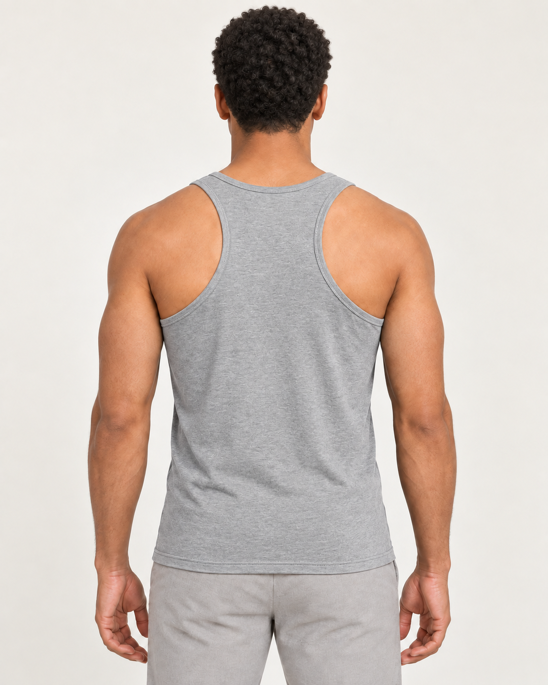 Heather grey cotton-stretch racerback tank, on-model back view.