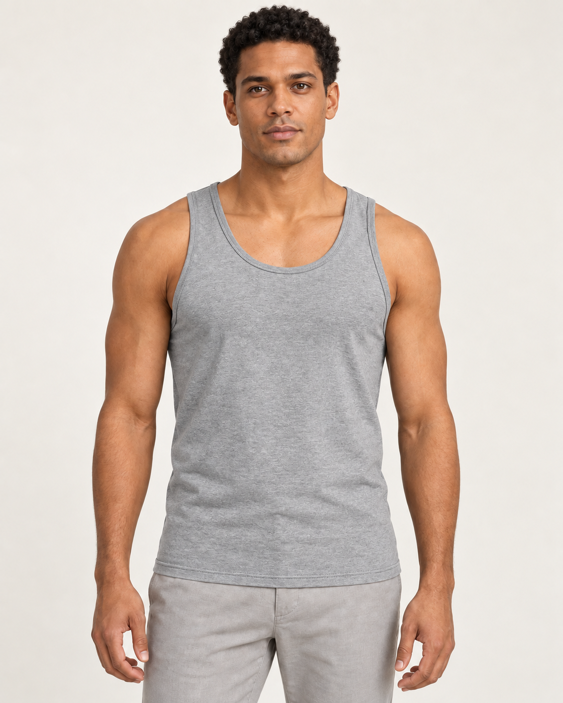 Heather grey cotton-stretch racerback tank, on-model front view.