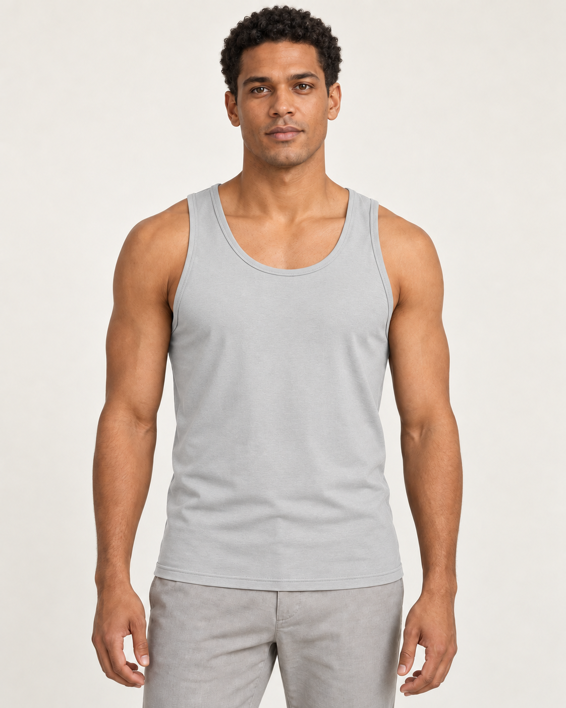Light grey cotton-stretch racerback tank, on-model front view.