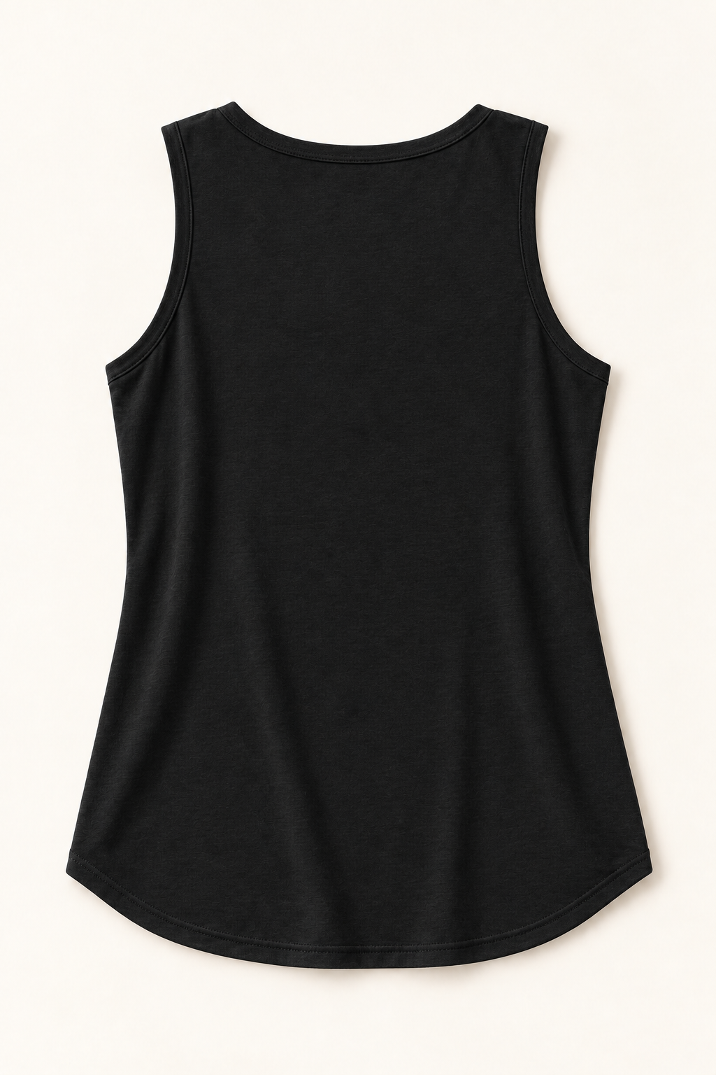 Black cotton-stretch round-neck tank, flat lay back.