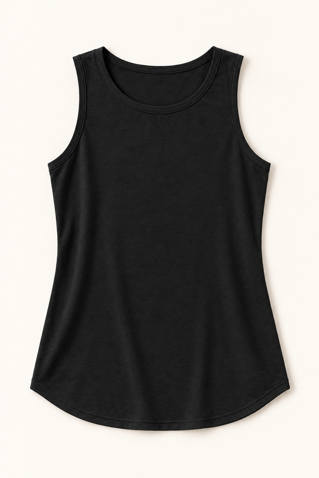 Black cotton-stretch round-neck tank, flat lay front.