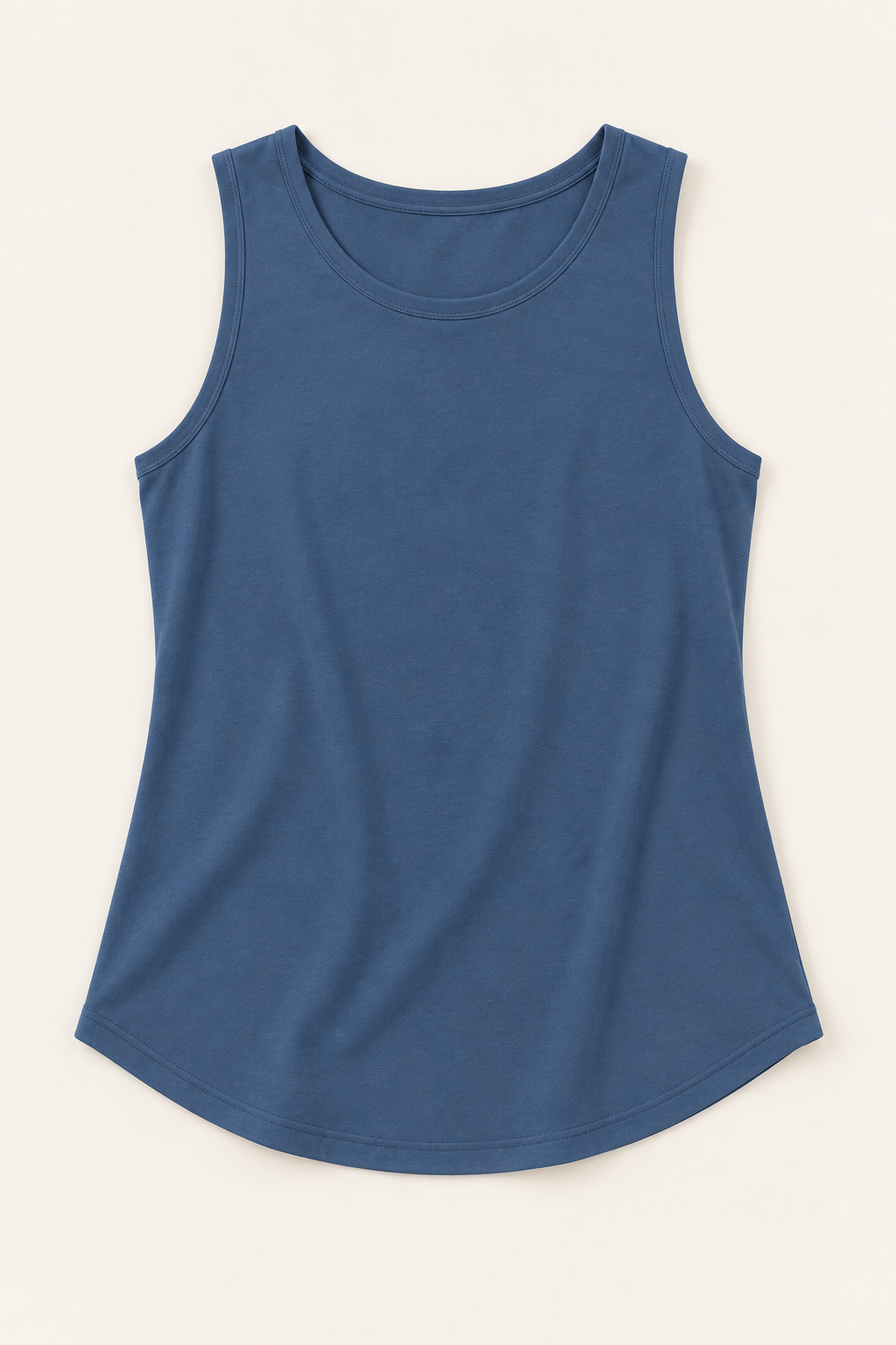 Blue cotton-stretch round-neck tank, flat lay front.