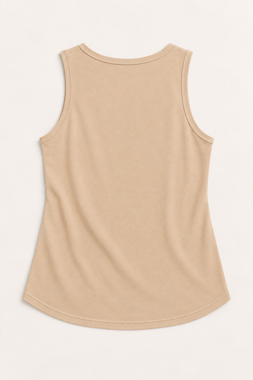 Camel cotton-stretch round-neck tank, flat lay back.