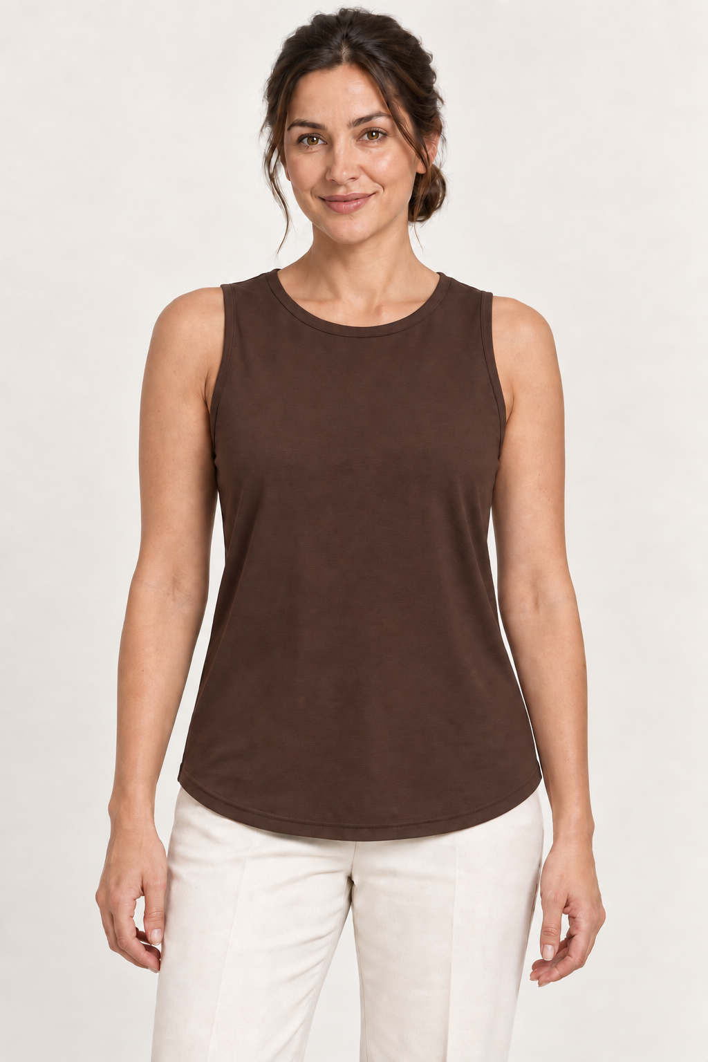 Coffee Brown cotton-stretch round-neck tank top, model front