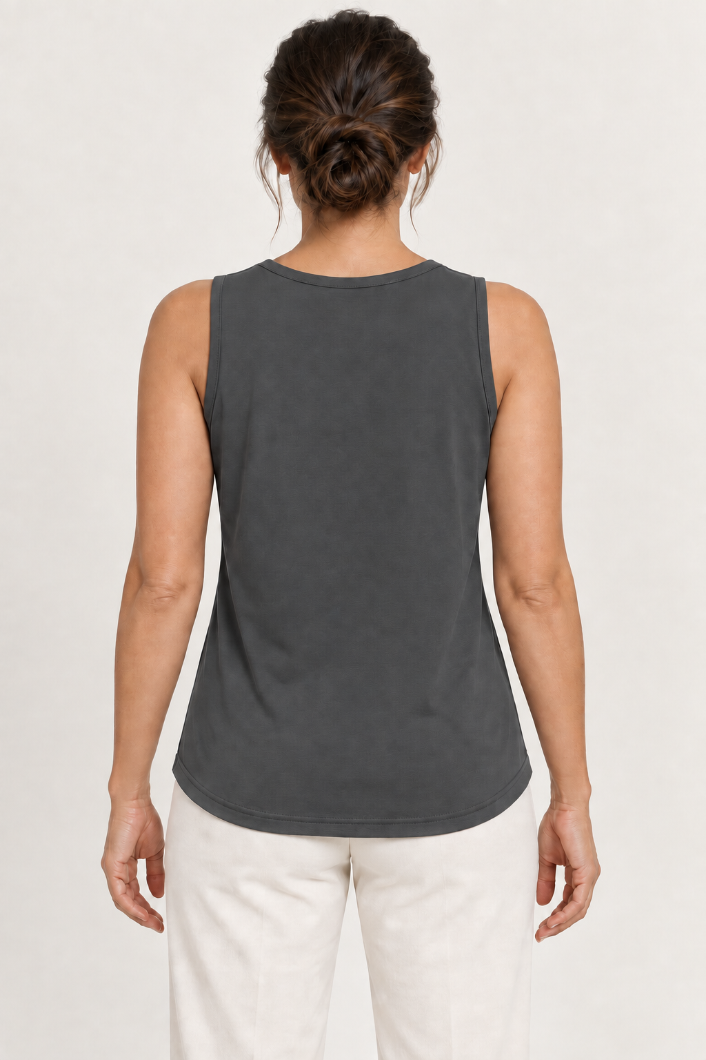 Dark Grey cotton-stretch round-neck tank top, model back