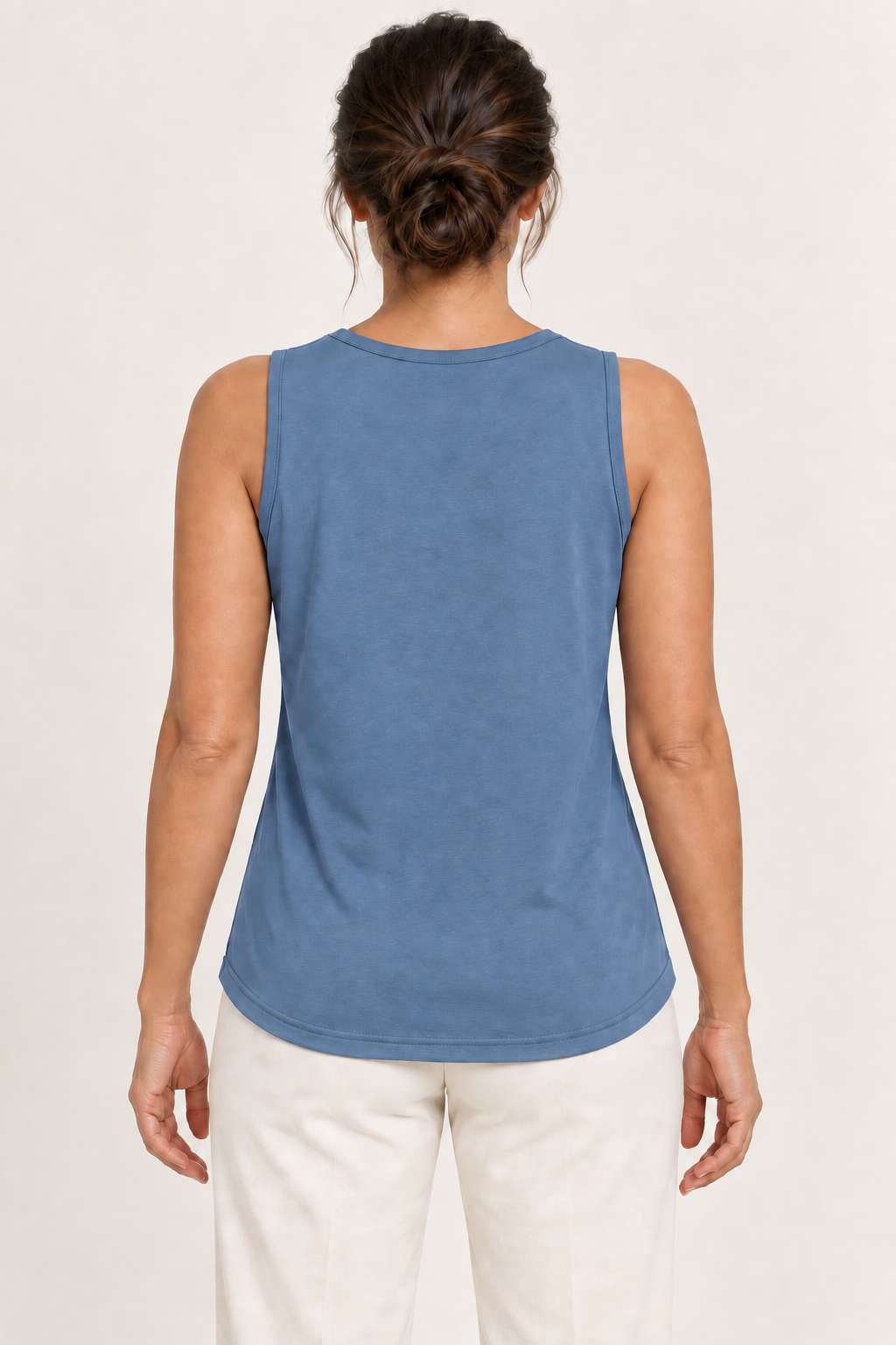 Dusty Blue cotton-stretch round-neck tank top, model back
