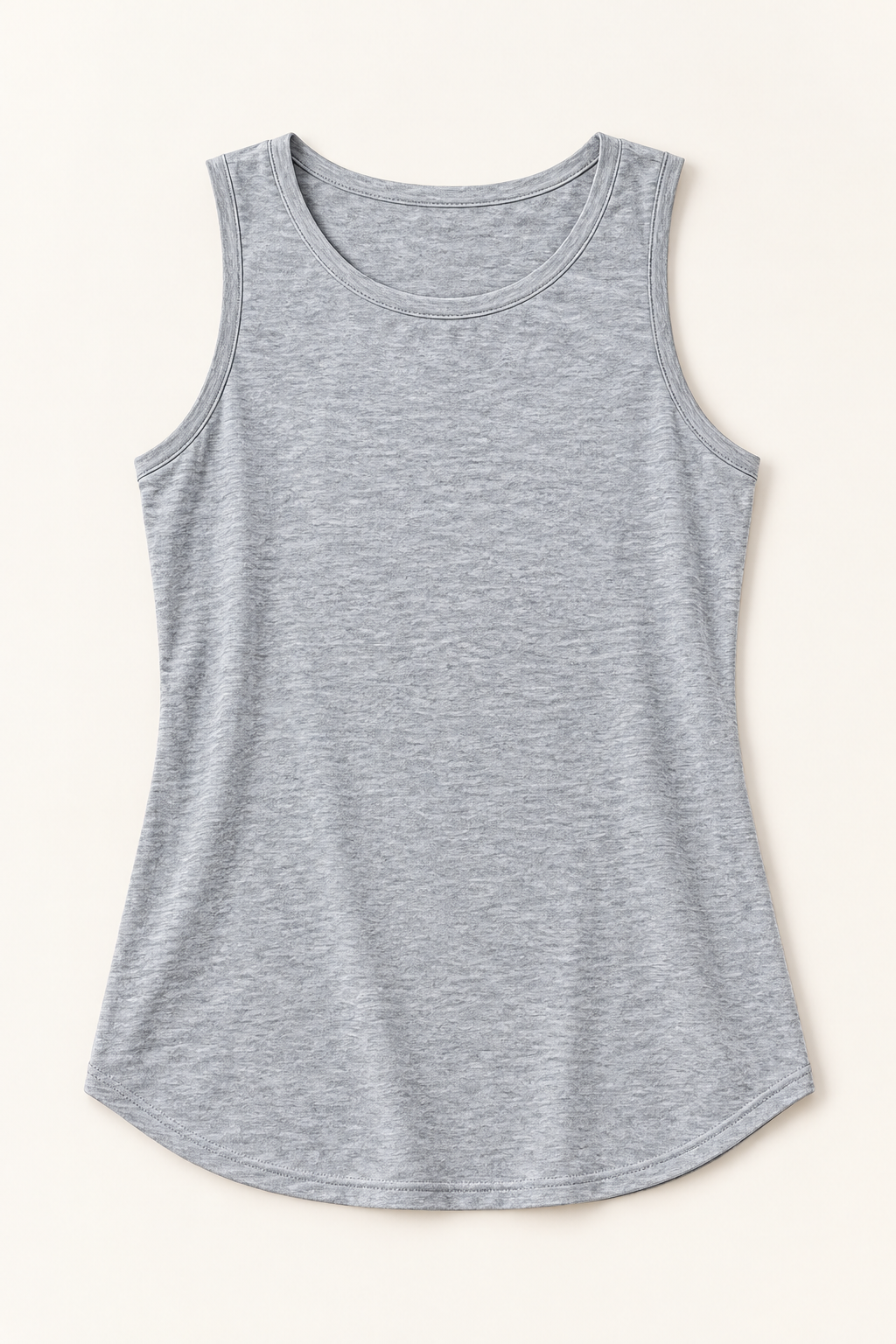 Light grey cotton-stretch round-neck tank, flat lay front.