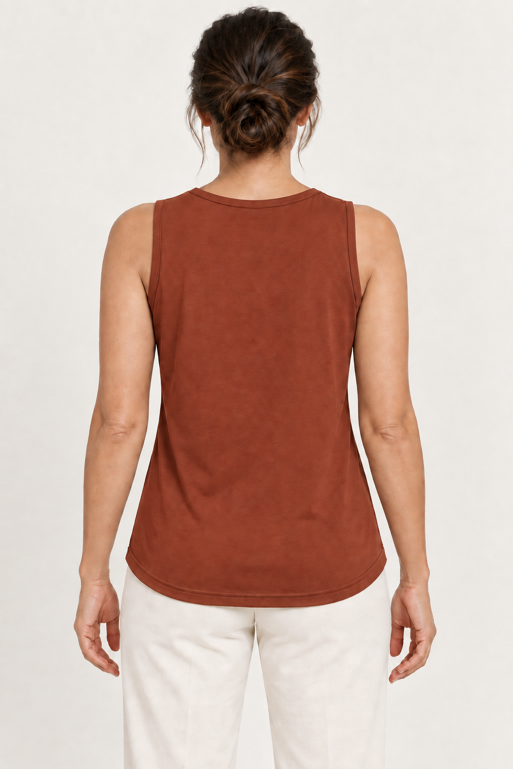 Rust Brown cotton-stretch round-neck tank top, model back
