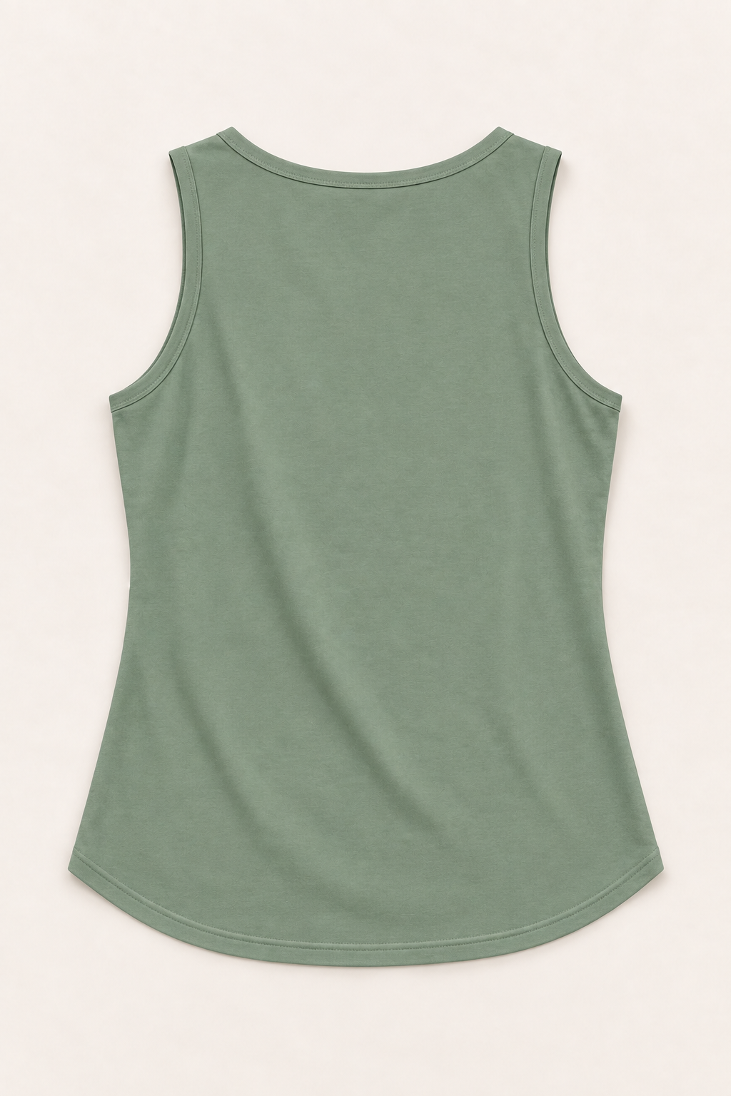 Sage green cotton-stretch round-neck tank, flat lay back.
